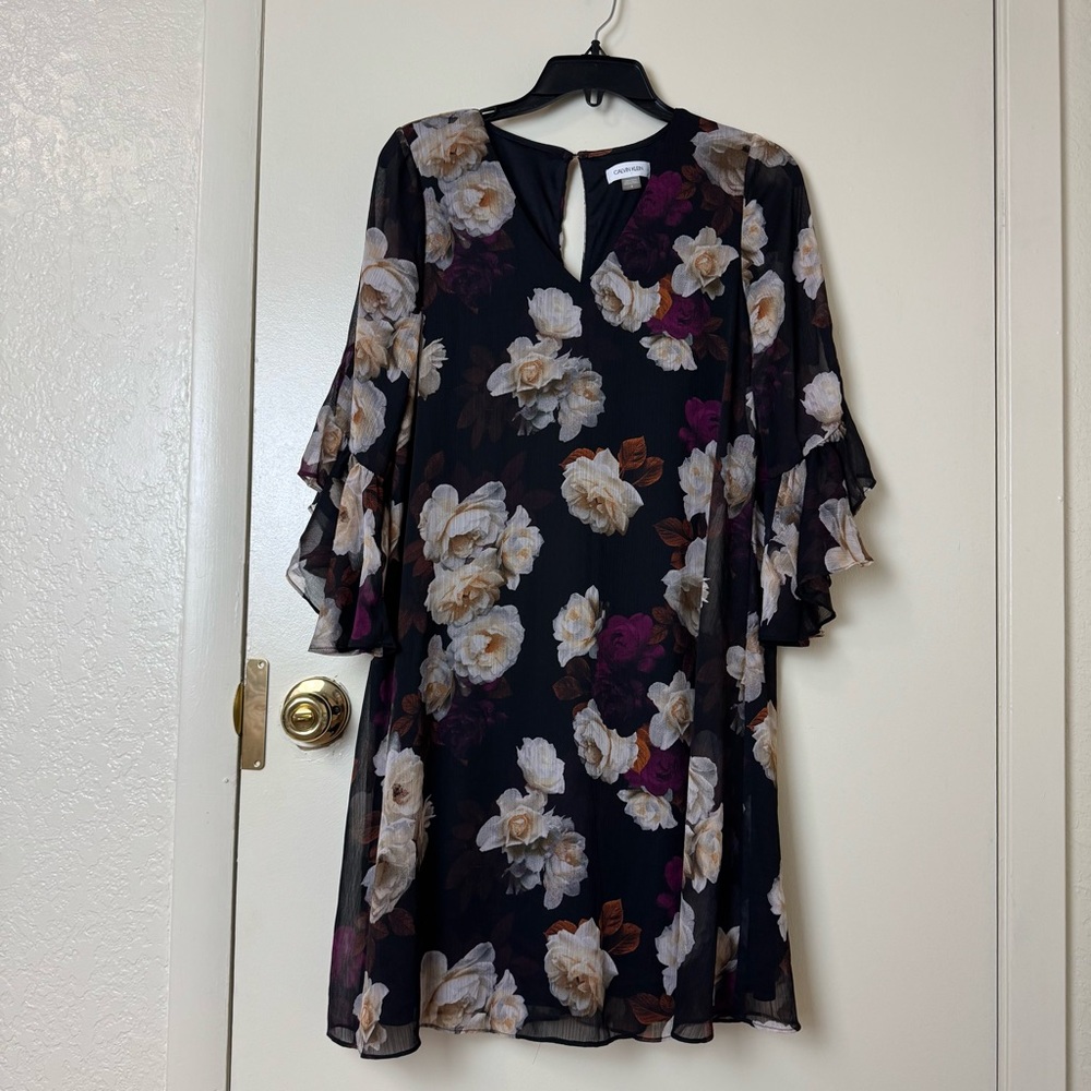 Calvin Klein V-Neck 3/4 Sleeve Crinkled Chiffon Floral Shift Dress Size 8 - Picture 2 of 7
